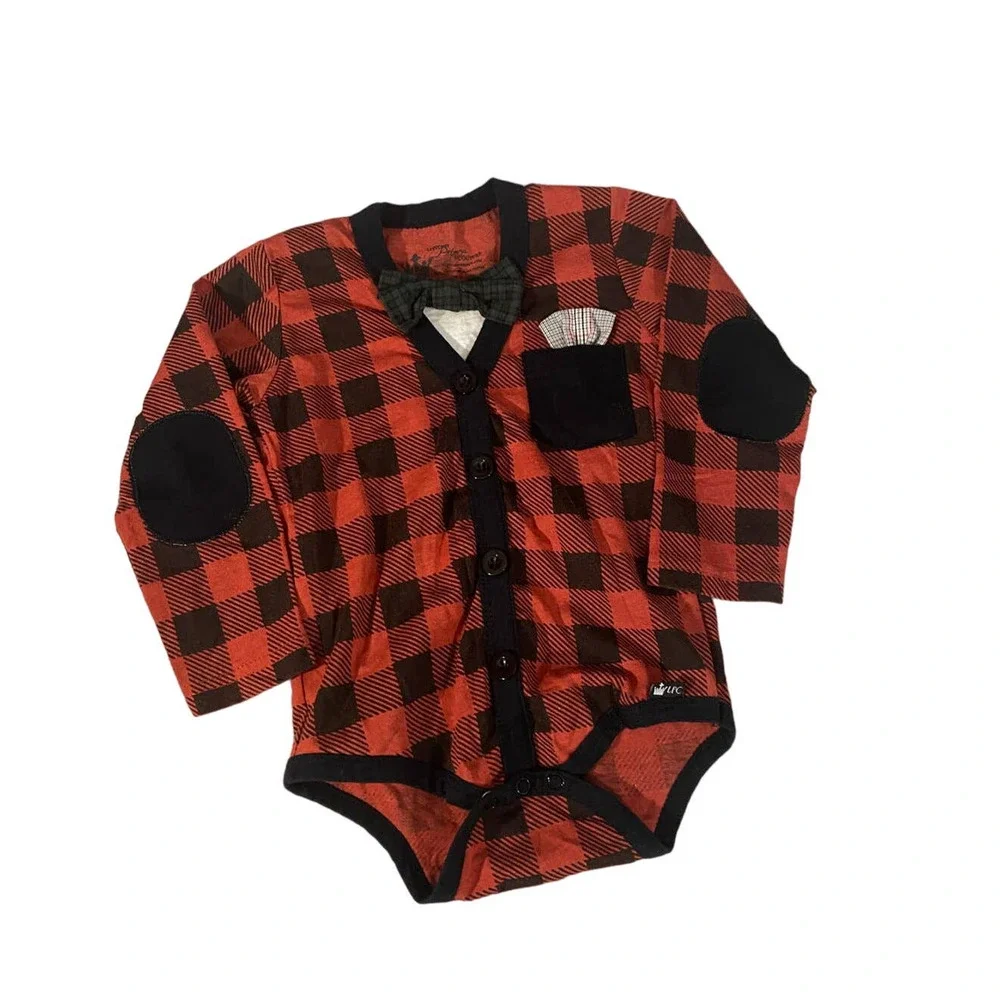 Little Prince Couture Red Plaid Bow Tie Front Long Sleeve One Piece Boy Sz 12M